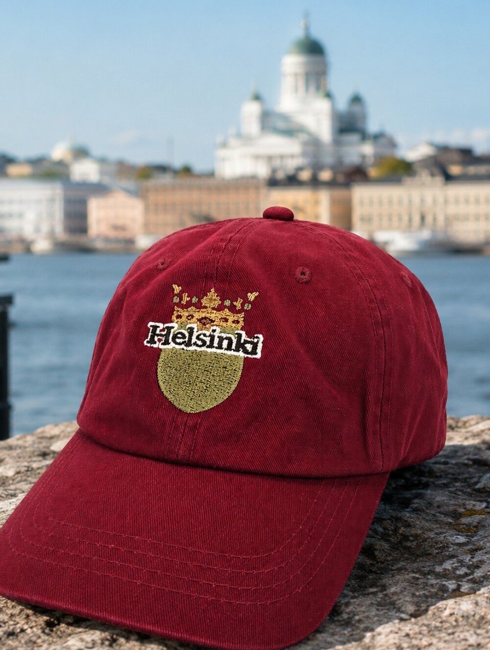 Vintage Helsinki Finland Tourist Dad Hat Burgundy Strapback Cap